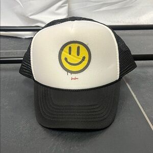 BuBu "All Smiles" trucker hat yellow smiley face on white front black mesh back